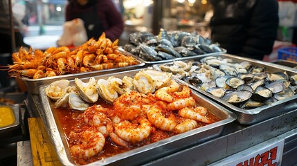 Obraz premium Spicy seafood, shrimps, clams, mussels at market stall.