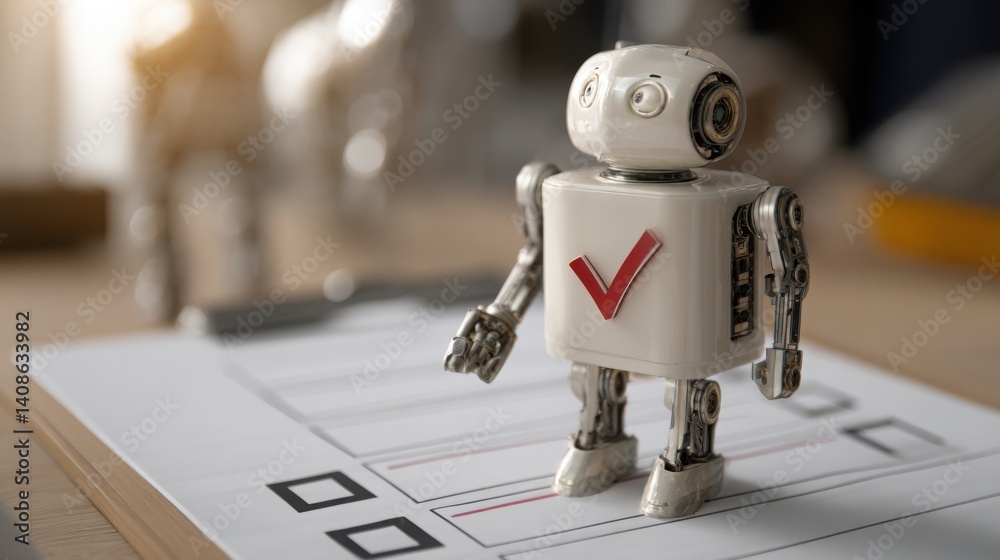 Poster robot on a table representing automation with a checkmark completing a data field for efficient proc