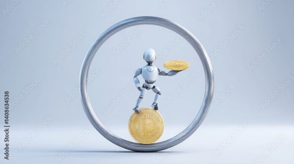 Poster robot holding a coin in its grasp displaying a high-tech interaction with currency and financial tra