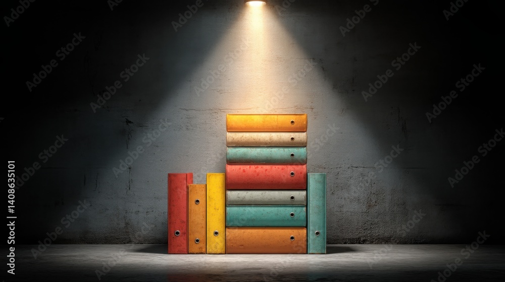 Poster stack of books illuminated by a light from above creating a magical atmosphere and highlighting know
