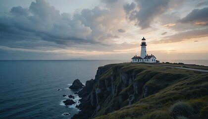 Coastal Lighthouse at Sunset: Serene Seascape Photography