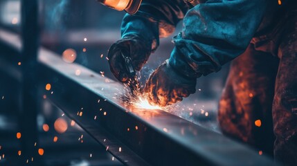 A construction worker welding metal beams for a framework. Featuring sparks and precision