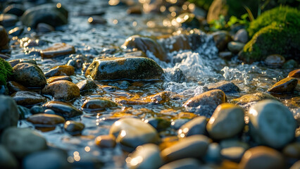 Serene Stream Flow Over Sunlit Stones