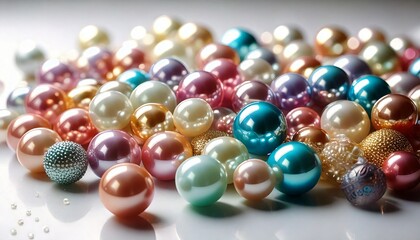 Scattered Iridescent Pearls in Soft Focus on a White Background