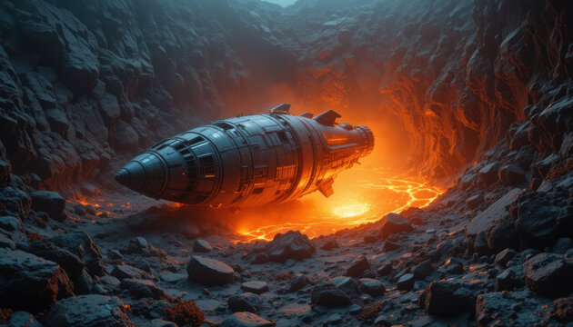 futuristic spacecraft rests on seafloor after eruption, surrounded by glowing lava