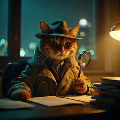 a detective cat in a trench coat
