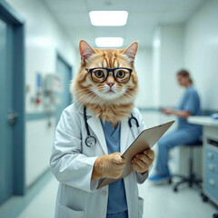 A cat doctor in a clinic holding a clipboard