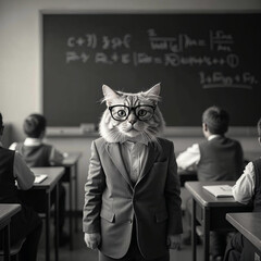 The Feline Professor A Cat in a Suit Leading a Classroom