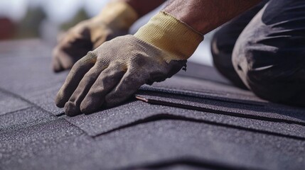 Roofing specialist installing waterproof shingles. Featuring craftsmanship and protection
