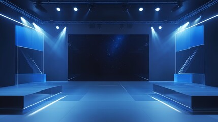 futuristic led-lit stage with glass display podiums, blue ambient lighting, and starry digital backdrop for product launch, tech showcase, or virtual presentation event