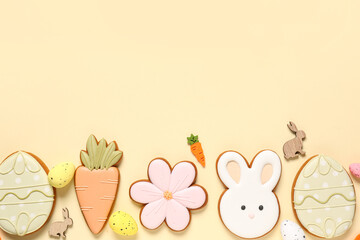 Composition with decor, eggs and different Easter cookies on beige background