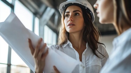 A female engineer discussing plans with a colleague at a construction site. Featuring teamwork and leadership