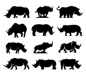 Set of Rhino silhouette wild rhinoceros animal wildlife vector design