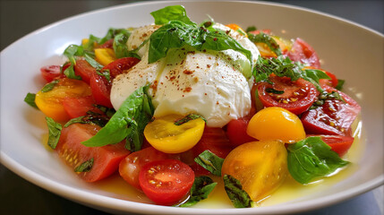 Burrata Salad with Tomatoes, Basil, and Olive Oil Drizzle