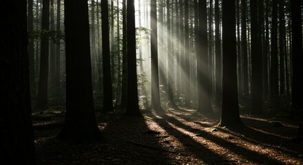 Fototapeta premium Sunbeams Piercing the Mystical Forest