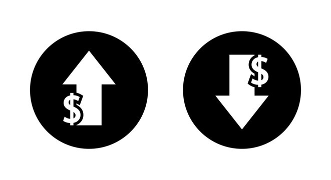 Dollar arrow up and down icon on black circle. USD currency increase and decrease concept