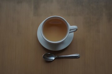 Warm Cup of Tea on Wooden Table Top View