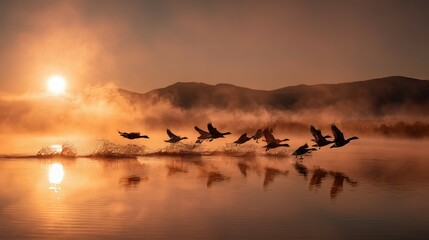 Sunrise flock of geese taking flight over a misty lake.