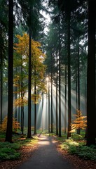 Fototapeta premium Sunbeams Forest Path Autumn (1)