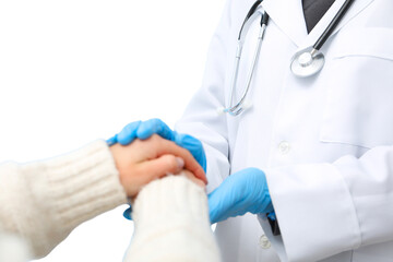 Nurse and patient engage in a comforting handhold to celebrate care, isolated on white