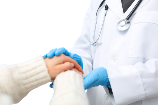 Nurse and patient engage in a comforting handhold to celebrate care, isolated on white