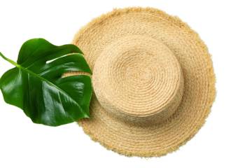 A straw hat accompanied by a vibrant green leaf suggesting summer fun, isolated on white background