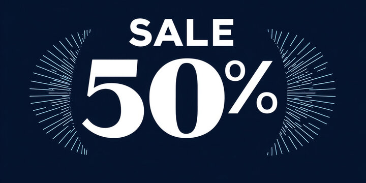 This image displays a "SALE 50%" text on a dark blue background with radial lines, perfect for websites and blogs advertising discounts, promotions, and retail offers.

