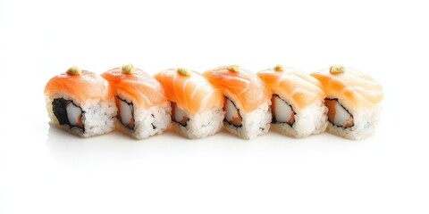 A row of sushi rolls with a white background