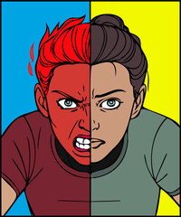 Colorful split image of a human face symbolizing contrasting emotions of anger and calmness. Bold design embodies the duality of human emotions