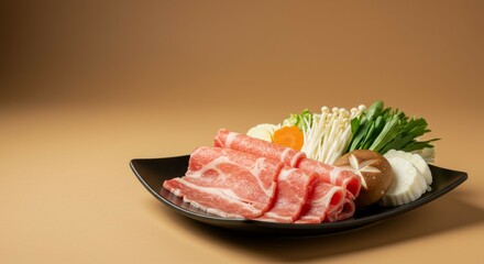 Delicious Shabu-Shabu Ingredients: Thinly Sliced Pork, Mushrooms, and Vegetables Ready for Cooking