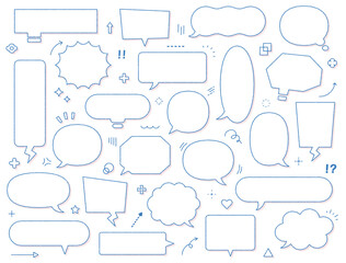 影付きフキダシ　セット　バリエーション　線画　シンプル　イラスト　ベクター　ペン画　複数　青　ピンク