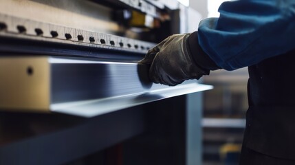 Sheet metal worker bending steel sheets in a workshop. Featuring skill and accuracy