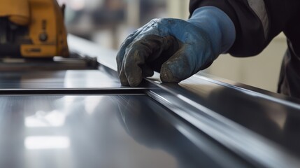 Sheet metal worker cutting aluminum panels for ventilation ducts. Featuring precision and industrial craftsmanship