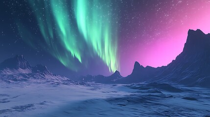 Fototapeta premium Arctic aurora borealis, night sky, mountains, fantasy landscape, wallpaper