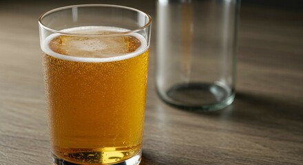 A Glass of Golden Beer on Wooden Table