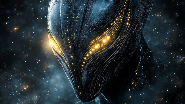 Alien robot close-up, space background, glowing eyes, futuristic concept art