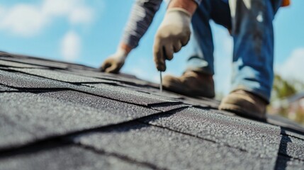 A roofer securing shingles to a roof during construction. Featuring precision and weatherproofing