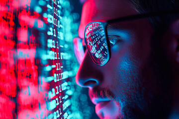 Computer, code hologram and man thinking of data analysis, night cybersecurity and software coding overlay. Programmer or person in glasses reading html script, programming or cybersecurity research