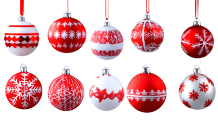Christmas Ornaments in Red White Silver and Snowflakes on Transparent Background Illustration