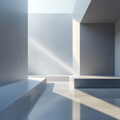 Spacious architectural scene with minimal elements and sharp angles. Bright light enters through structural voids