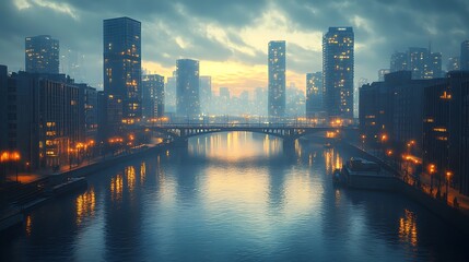Obraz premium Cityscape, river, bridge, sunset, fog, lights, buildings, waterfront, illustration, urban