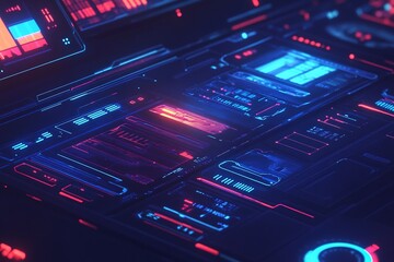Obraz premium Futuristic technology dashboard with glowing blue lines and digital interface elements on dark background with neon highlights. Abstract tech concept.