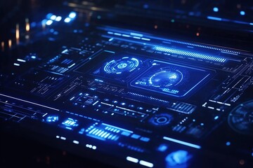 Fototapeta premium Futuristic technology dashboard with glowing blue lines and digital interface elements on dark background with neon highlights. Abstract tech concept.