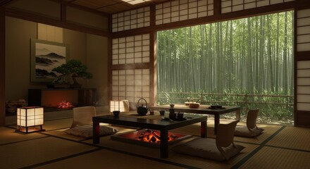 Japanese Interior With Traditional Elements and Tranquil Bamboo Garden View
