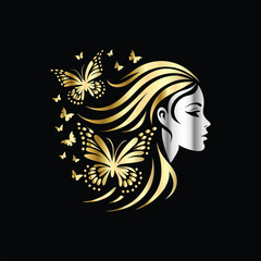 Beautiful girl face with butterfly. Beauty salon, hair salon logo.
Beautiful girl face with butterfly. Luxury beauty salon logo.