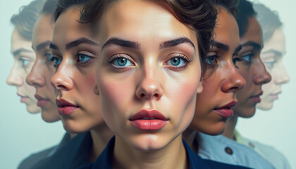 Central face surrounded by others to illustrate deepfakes and digital identity theft. Symbolic of AI deception, impersonation, and online privacy concerns.