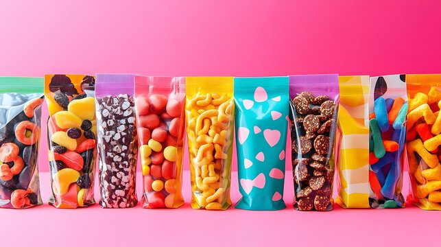 Colorful candy bags on pink background, snack variety, food photography, website banner