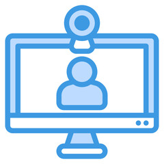 Computer monitor displays person with microphone. Ideal for virtual meetings, online presentations, video conferences, remote work, communication concepts.