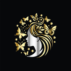 Beautiful girl face with butterfly. Beauty salon, hair salon logo.
Beautiful girl face with butterfly. Luxury beauty salon logo.