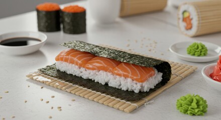 Sushi Roll with Salmon and Rice Presented on Wooden Mat with Japanese Cuisine